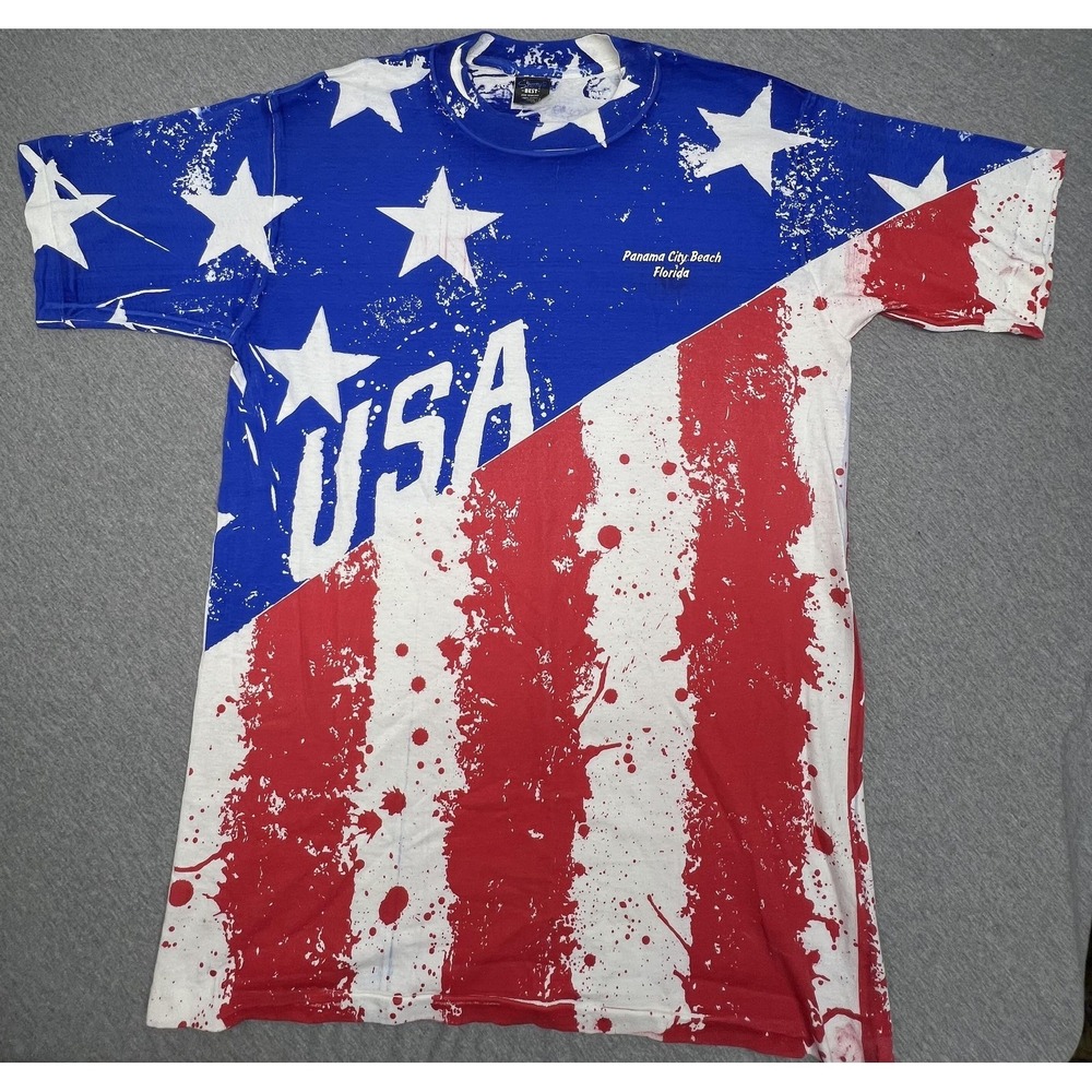 Vintage Sherry's Best American Flag PCB Shirt Mens L Made USA Single Stitch DS